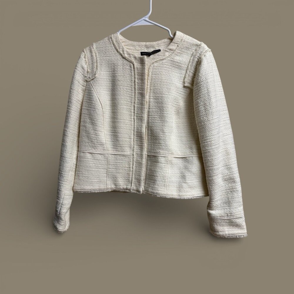 WHBM Cream Tweed Jacket Womens 14 Textured Crop Blazer Open Front